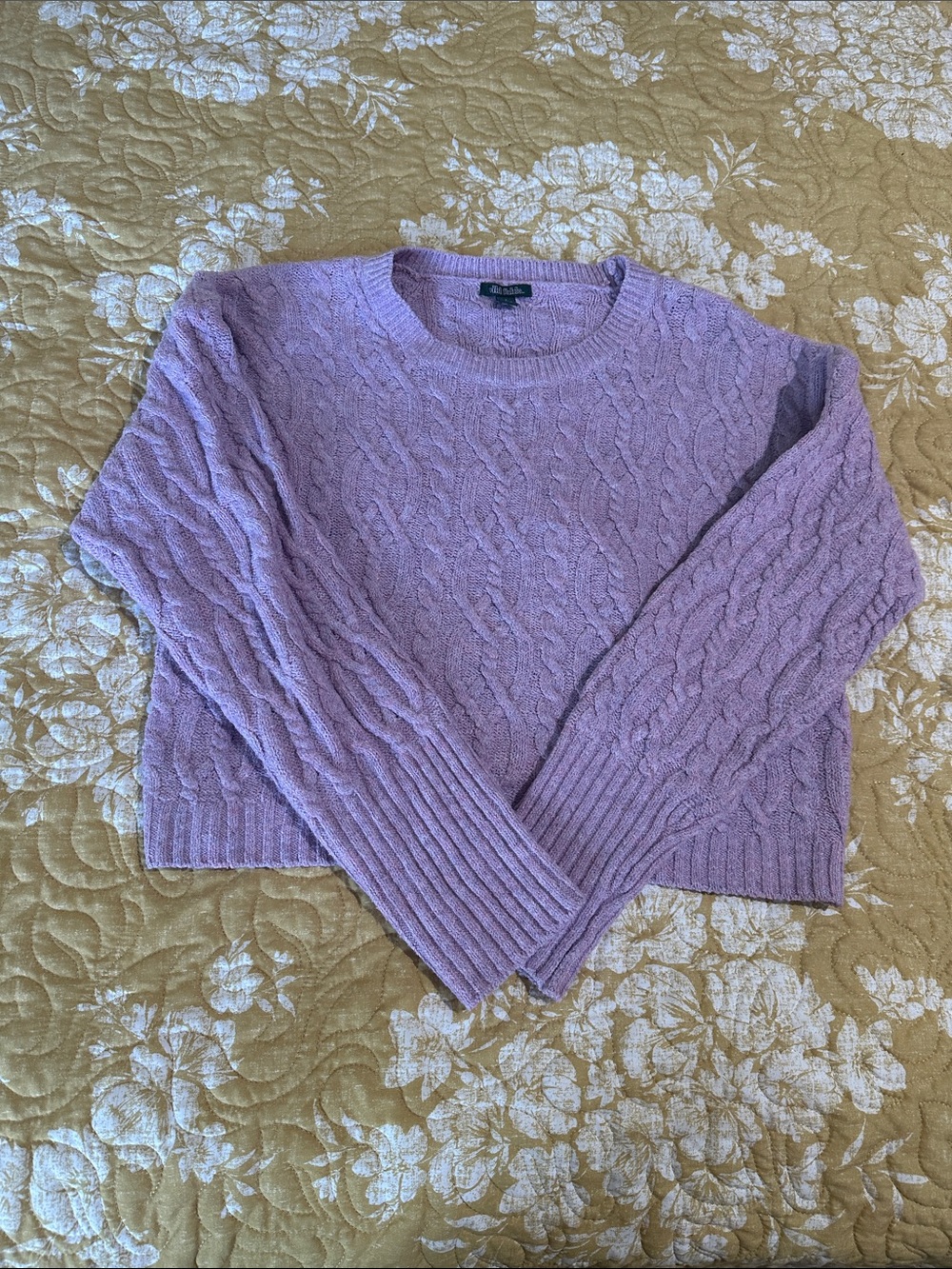 Lavender cropped cable sweater with hints of blue and pink. Small